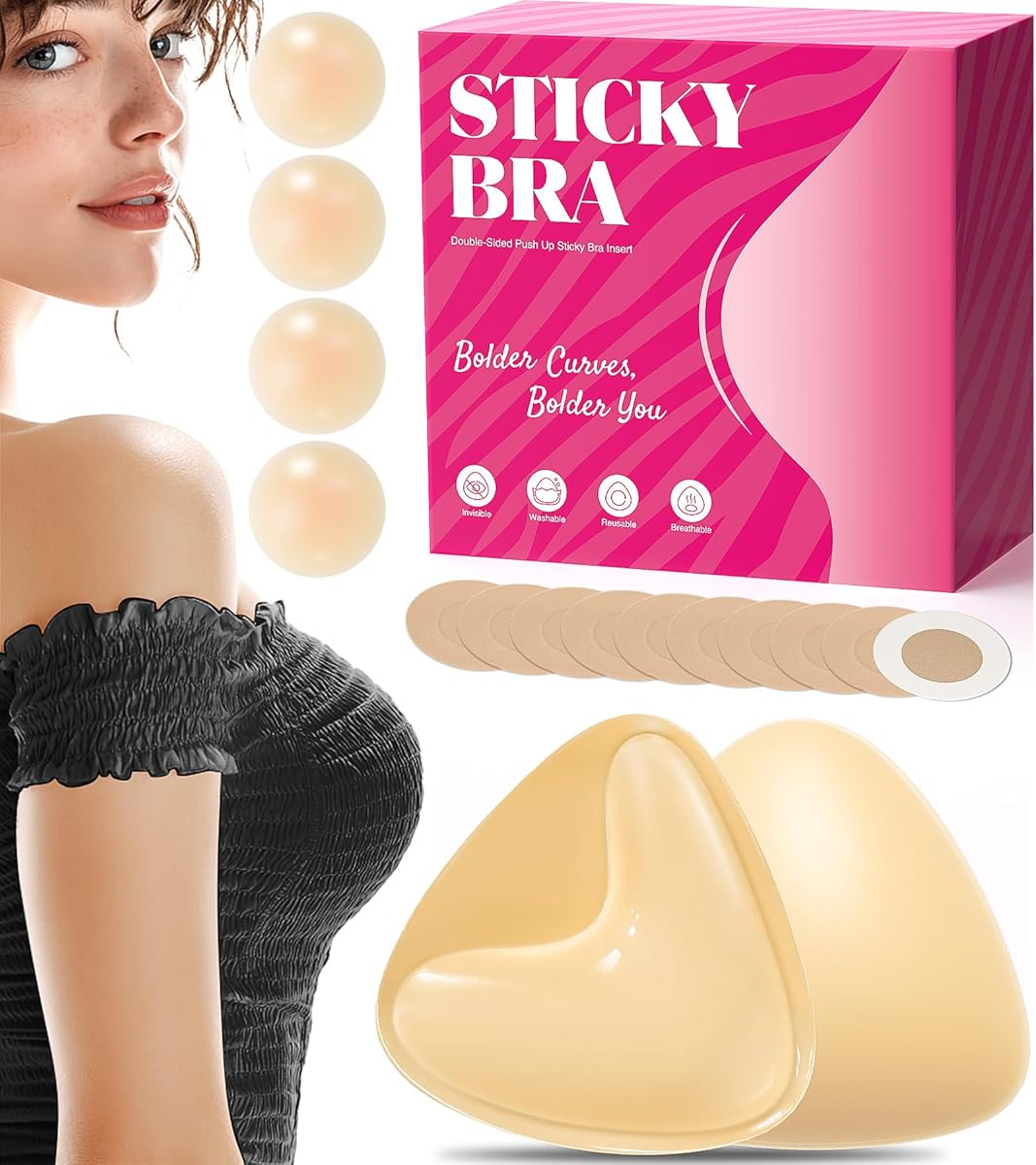 Sticky Bra Inserts, Double Sided Sticky Bra Push Up with Nipple Covers, Adhesive Bra Pads for Sport Bra