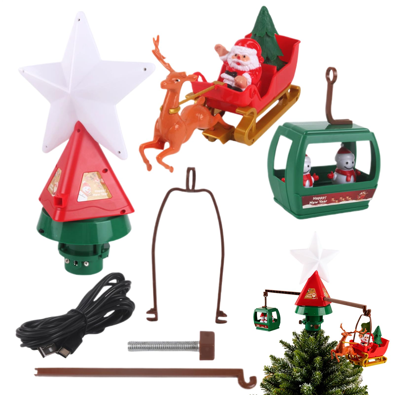 Giratorio para árbol de Navidad, Estrella iluminada alimentada por USB con Trineo de Papá Noel y muñecos de Nieve con Luces Musicales, decoración para árbol para casa de Vacaciones