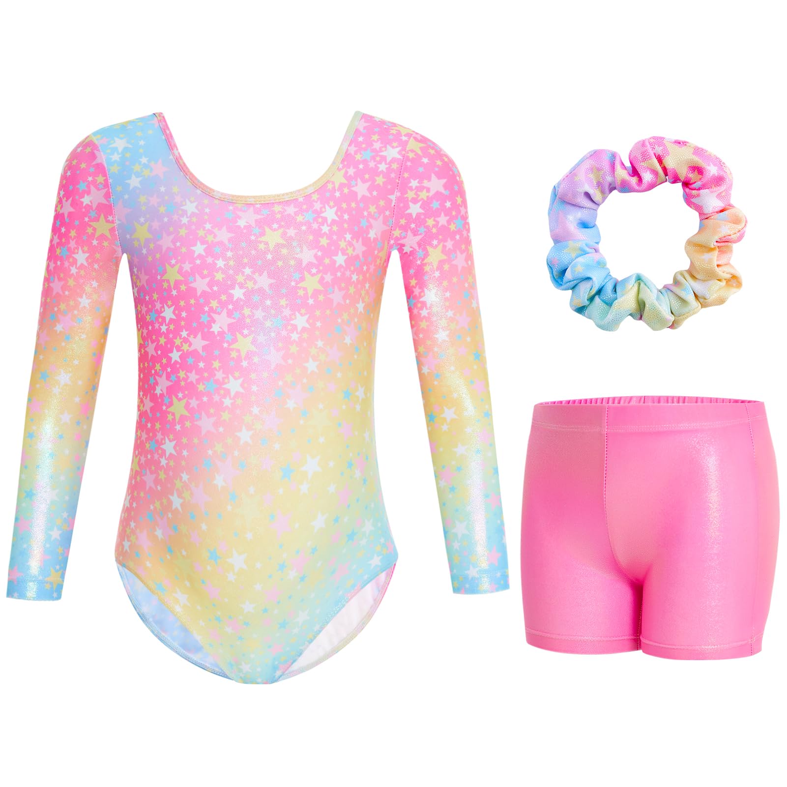 Gogokids Maillot de gimnasia de tres piezas para niña, de manga larga, con pantalones cortos y cinta para el pelo, ropa de gimnasia con diseño degradado para 3-12 años — view 34