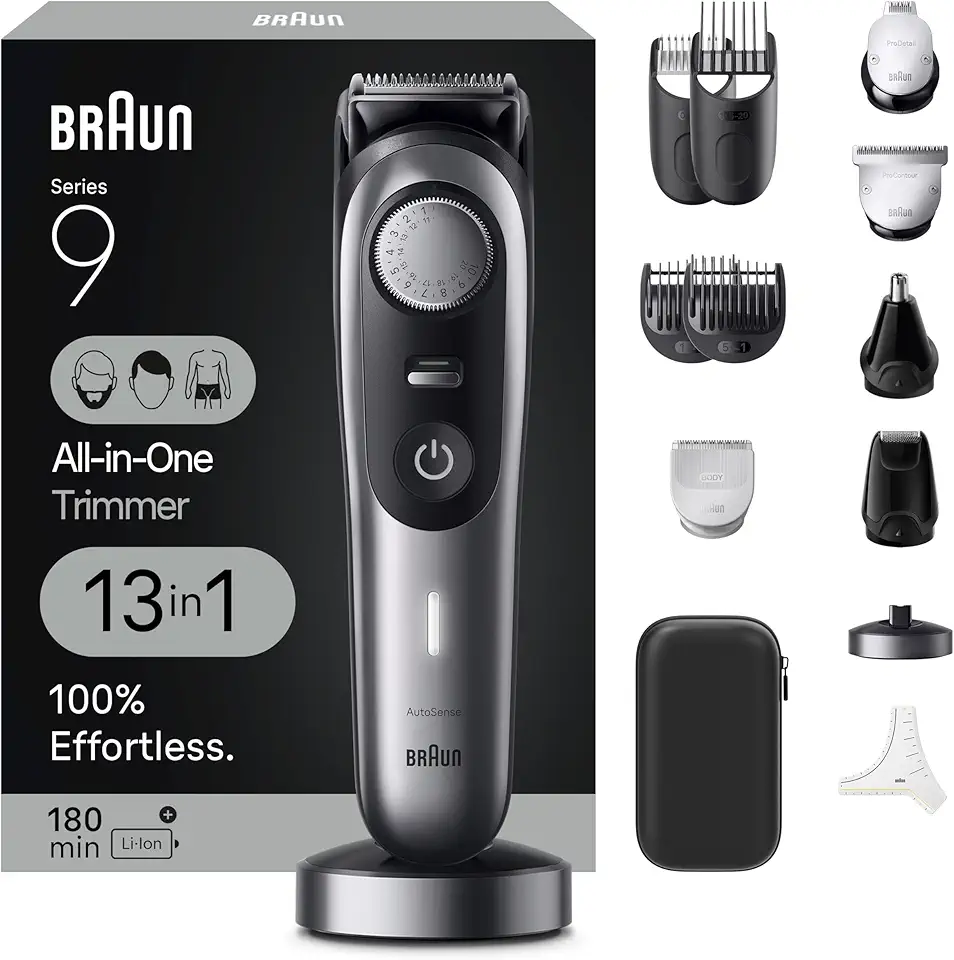Braun Series 9 All-in-One Multi Grooming Kit for Men, 13-in-1 Beard Trimmer, Body Groomer, Hair Clipper and Manscaping for Face &amp; Body, Holiday Gifts for Men, 9440 GreenCircle Certified: Certified