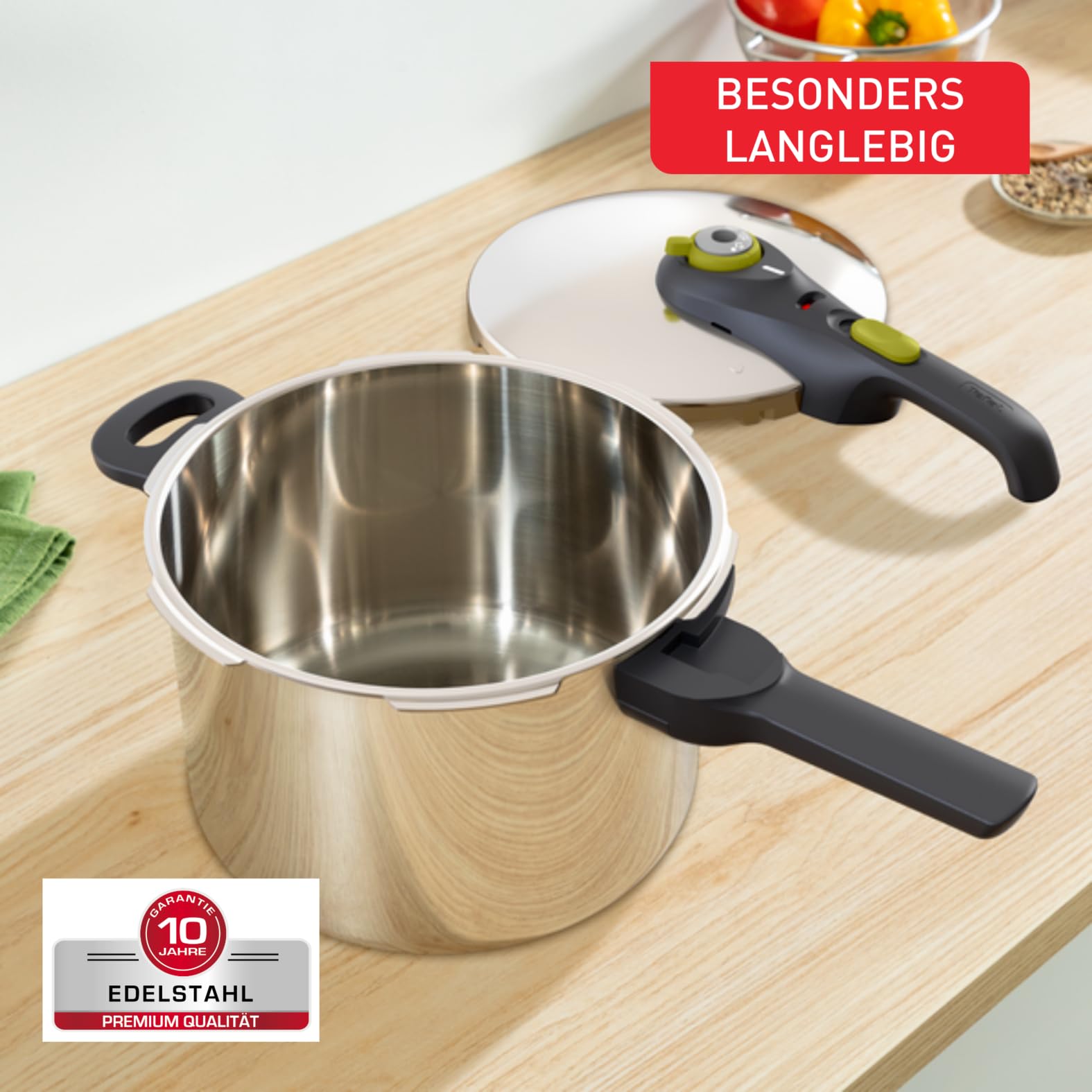Tefal Secure 5 Neo Schnellkochtopf 6L Edelstahl, 22cm, Korbeinsatz & Dreifuß, 2 Garstufen, Secure 5 Sicherheitssystem, alle Herdarten, induktionsgeeignet, spülmaschinenfest, P2530738