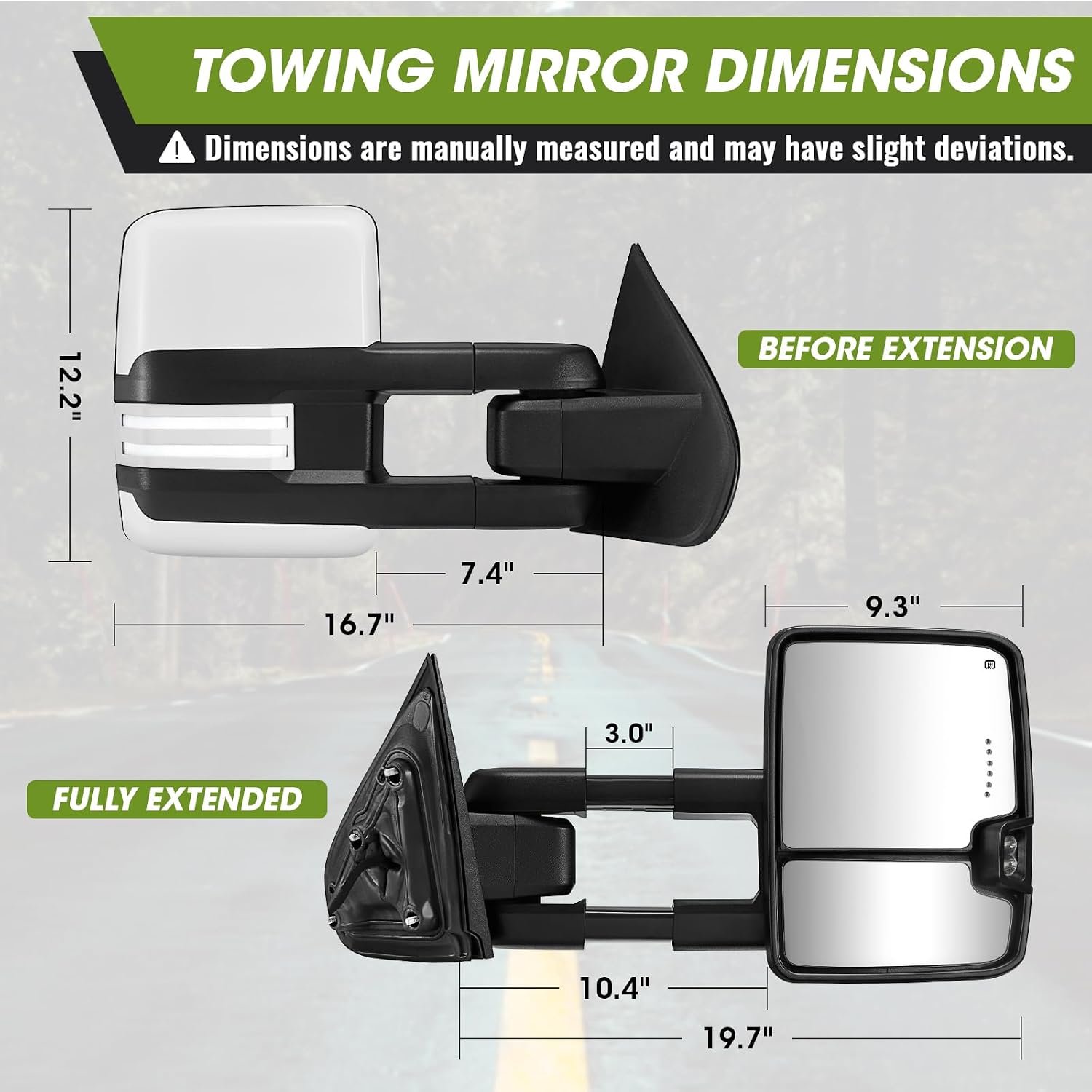 Towing Mirrors for Chevy Silverado/GMC Sierra 1500 (2014-2018), 2500HD/3500HD (2015-2019) Switchback Dynamic Turn Signal/Running Lights Power Heated (Painted White with Painted White Base)