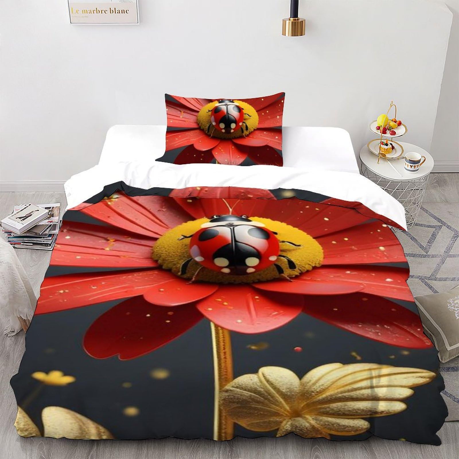 Housse de couette 135x200cm coccinelle des fleurs parure de lit animaux flying microfibre enfant