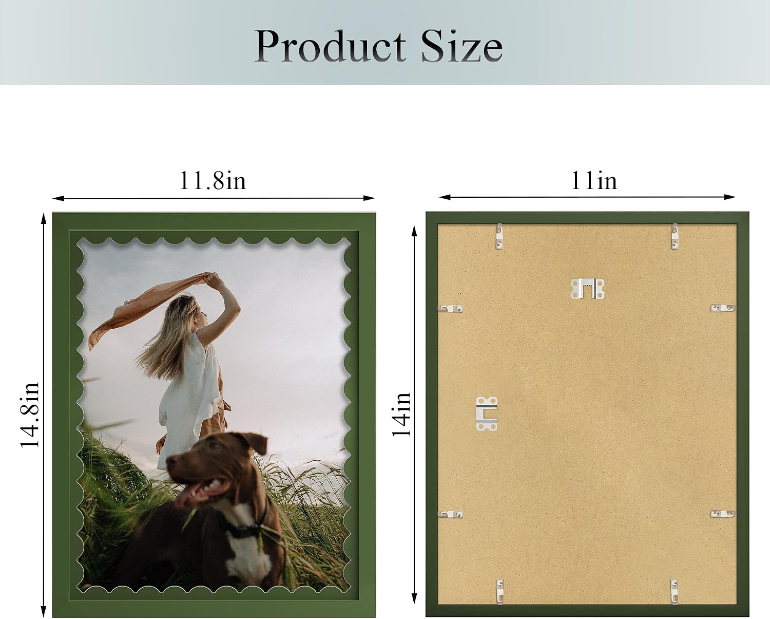 iRahmen 11x14 Picture Frame Set of 2 Green, Display Picture 10x13 with Wavy Mat or 11 x 14 without Mat, Tempered Glass Wooden Photo Frame for Wall Mount
