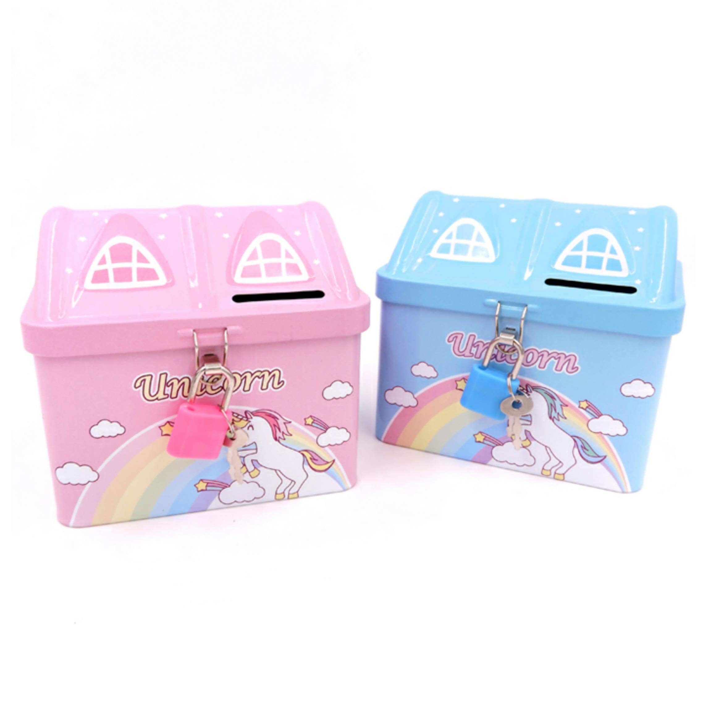Prezzie Villa Pack of 2 House Shape Unicorn Printed Metal Coin Bank Piggy Bank for Kids with Lock and Key Coin Bank Design is Unicorn Imprint