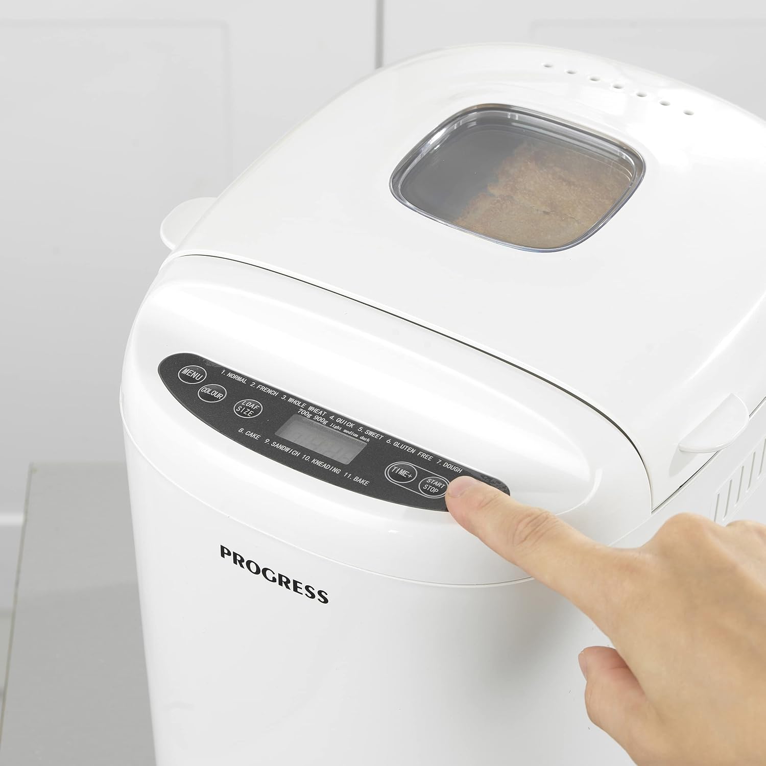 Progress EK4219PVDEEU7 Macchina per il pane digitale con spina europea, 550 W, Cottura rapida, 11 funzioni di cottura, Display LCD, Alloggiamento termoisolante, senza glutine, la forneria, Bianco