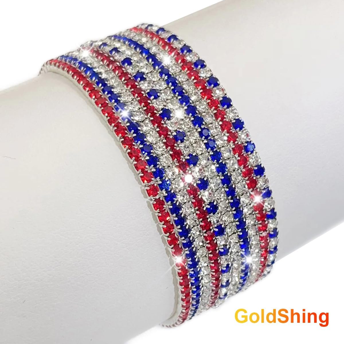 GOLDSHING 1 Set Of Multiple Strips Patriotic Crystal Tennis Bracelet, Red White Blue, American Flag Colors