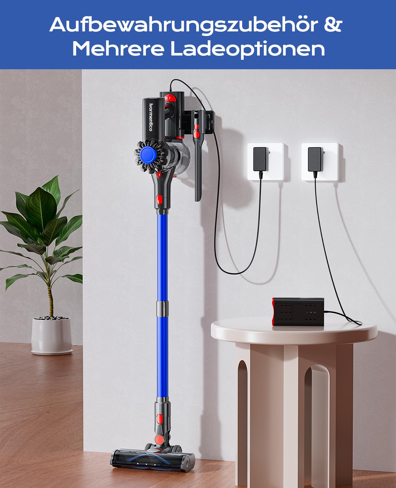 Akku Staubsauger Kabellos 50Mins/40KPA/450W, Akkustaubsauger mit Geen LED, Kabelloser Staubsauger mit Aufgerüstete Bodenbürste, Staubsauger Akku für Tierhaare, Blau