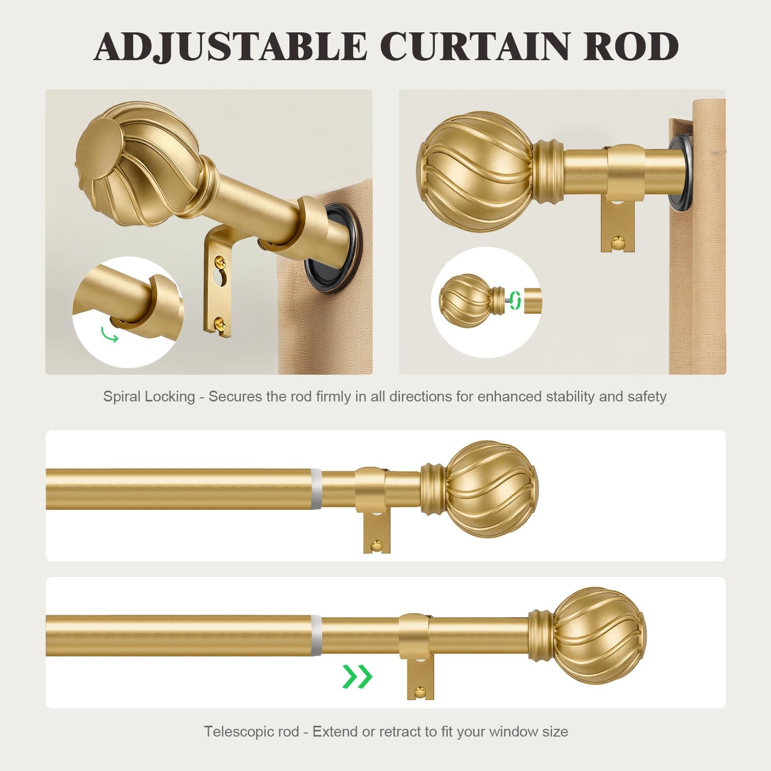 Oneach Gold Curtain Rods for Windows 28 to 48 Inch, 7/8" Adjustable Heavy Duty Decorative Drapery Rods with Round Netted Texture Finials (Pack of 1, 18 to 60 Inch)