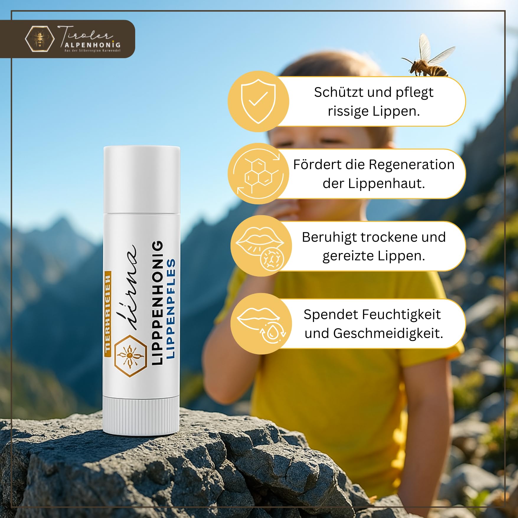 Tyrolean Alpine Honey Lip Care Kids, Natural Balm with Beeswax & Olive Oil, Gentle Care for Children - Image 3