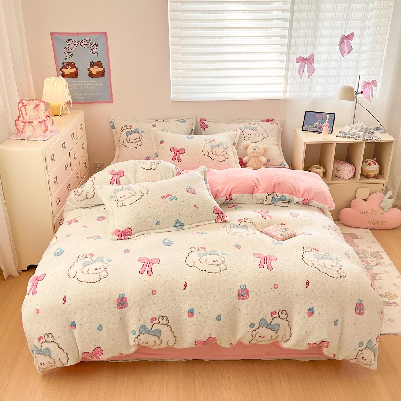 Pink Duvet Cover Queen, Puppy Kawaii Bedding Sets, Ultra Soft Cute Dogs Fluffy Comf...