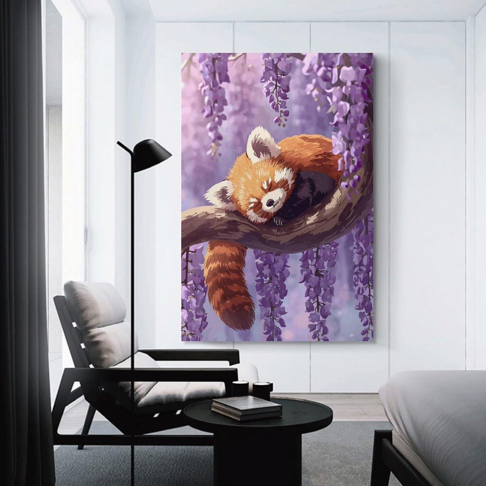 Junmoney Unframe-Style Sleeping Red Panda In Wisteria Tree Wall Picture Print, 24X36inch(60X90cm), For New Homes, Bedrooms Or Workspaces, Thoughtful Wall Decor For Art Lovers