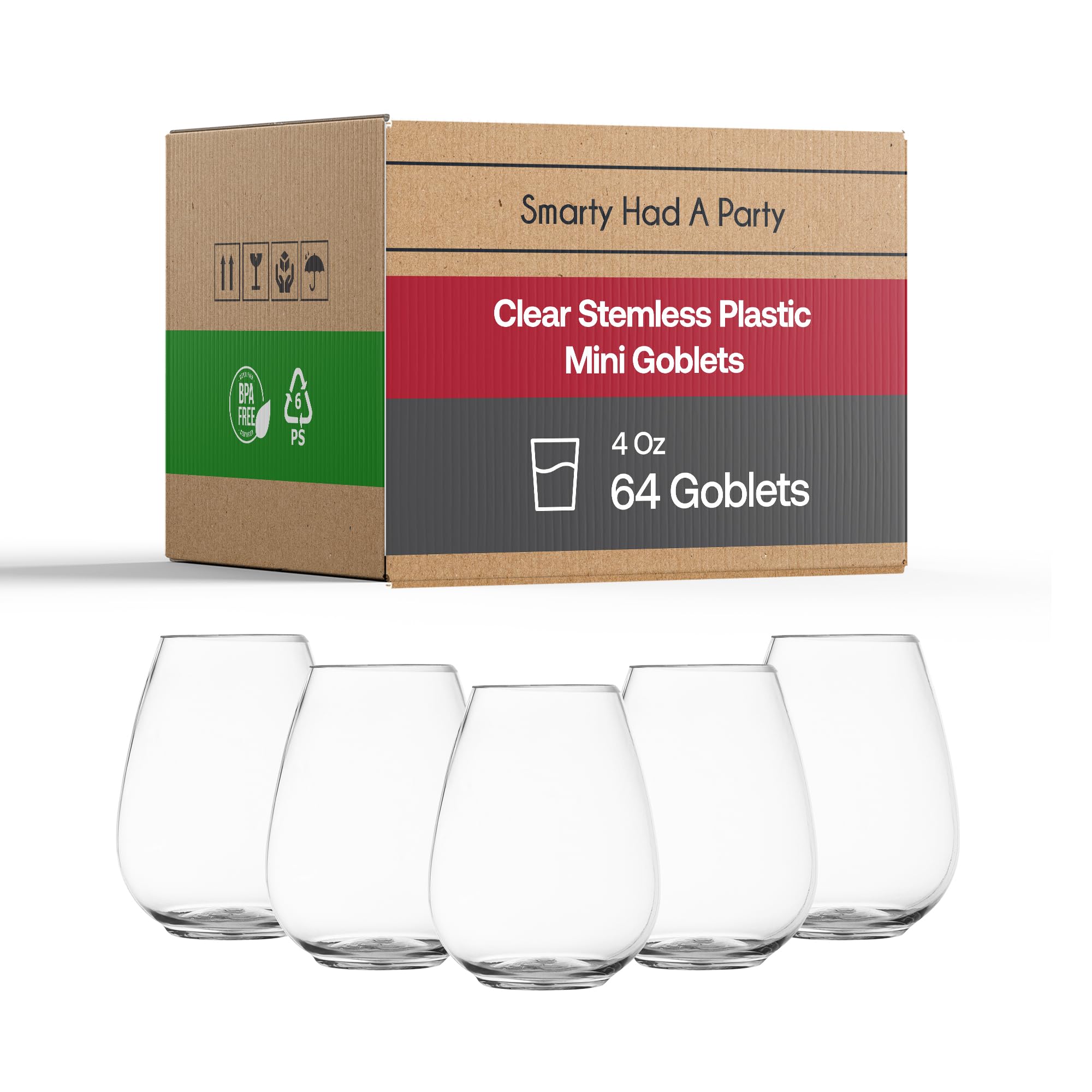 Smarty Had A Party 4 oz Disposable Stemless Wine Glasses (80 Pieces) – Fancy Plastic Cups & Plastic Water Goblets for Wedding Bulk – Wine Glasses