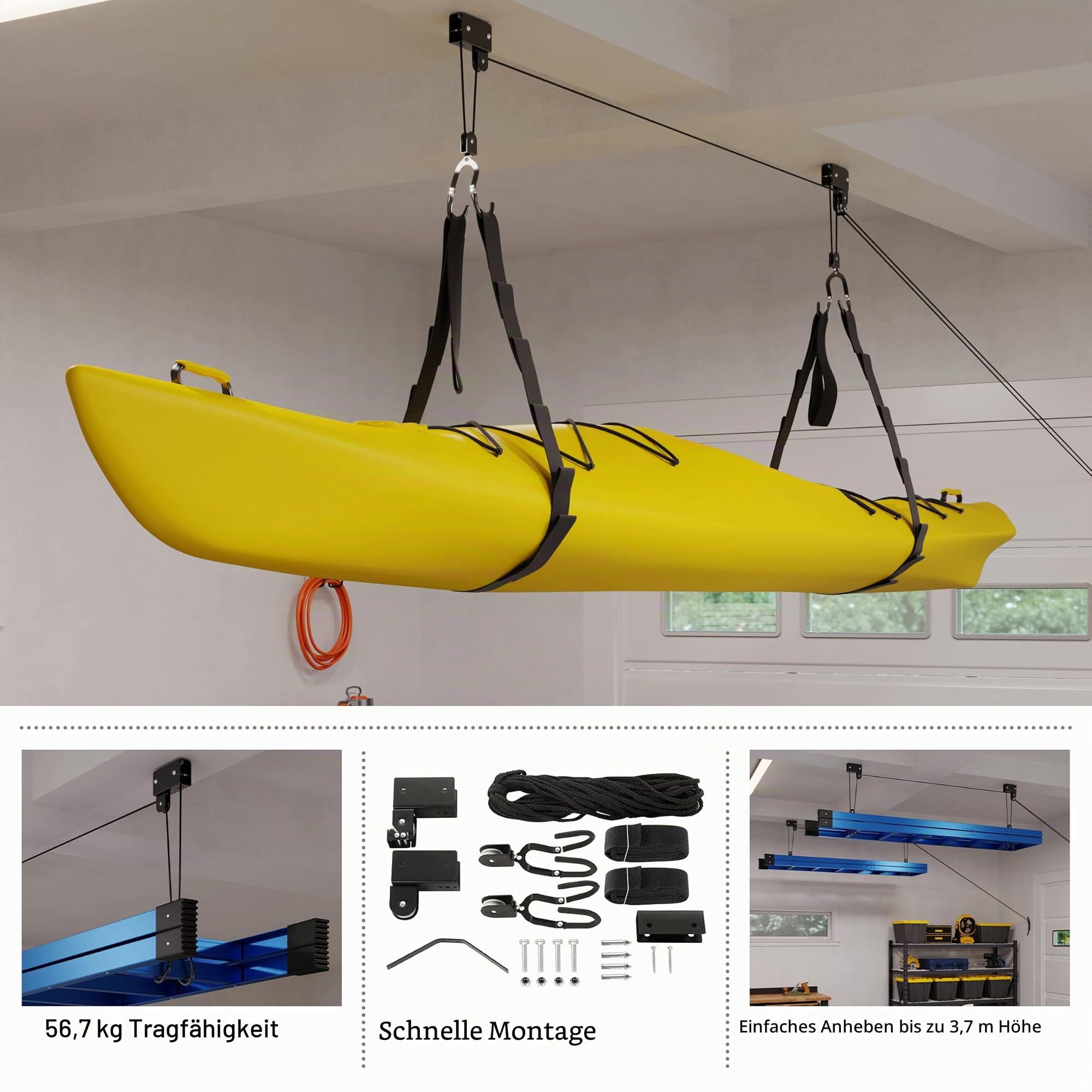 Kajak-Hebezug – Seilzugsystem mit 56,7 kg Kapazität für Kanus, Fahrräder, Leitern und mehr – für bis zu 3,6 m hohe Decken von Rad Sportz