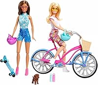 Vista 1 de Barbie Conjunto de juego de bicicleta al aire libre, muñeca rubia y morena con cachorro, juego de diversión de verano, HJY84