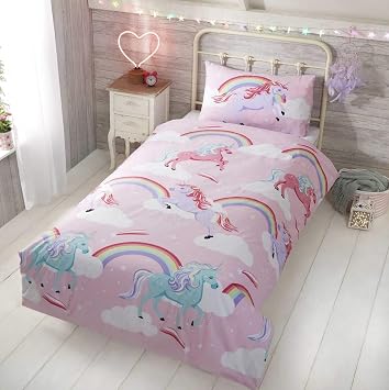 Rapport Home My Little Unicorn Cot Duvet Cover Set for Girls - Pink Polycotton Kids Bedding with Matching Pillowcase 135x200cm Oeko-Tex Certified