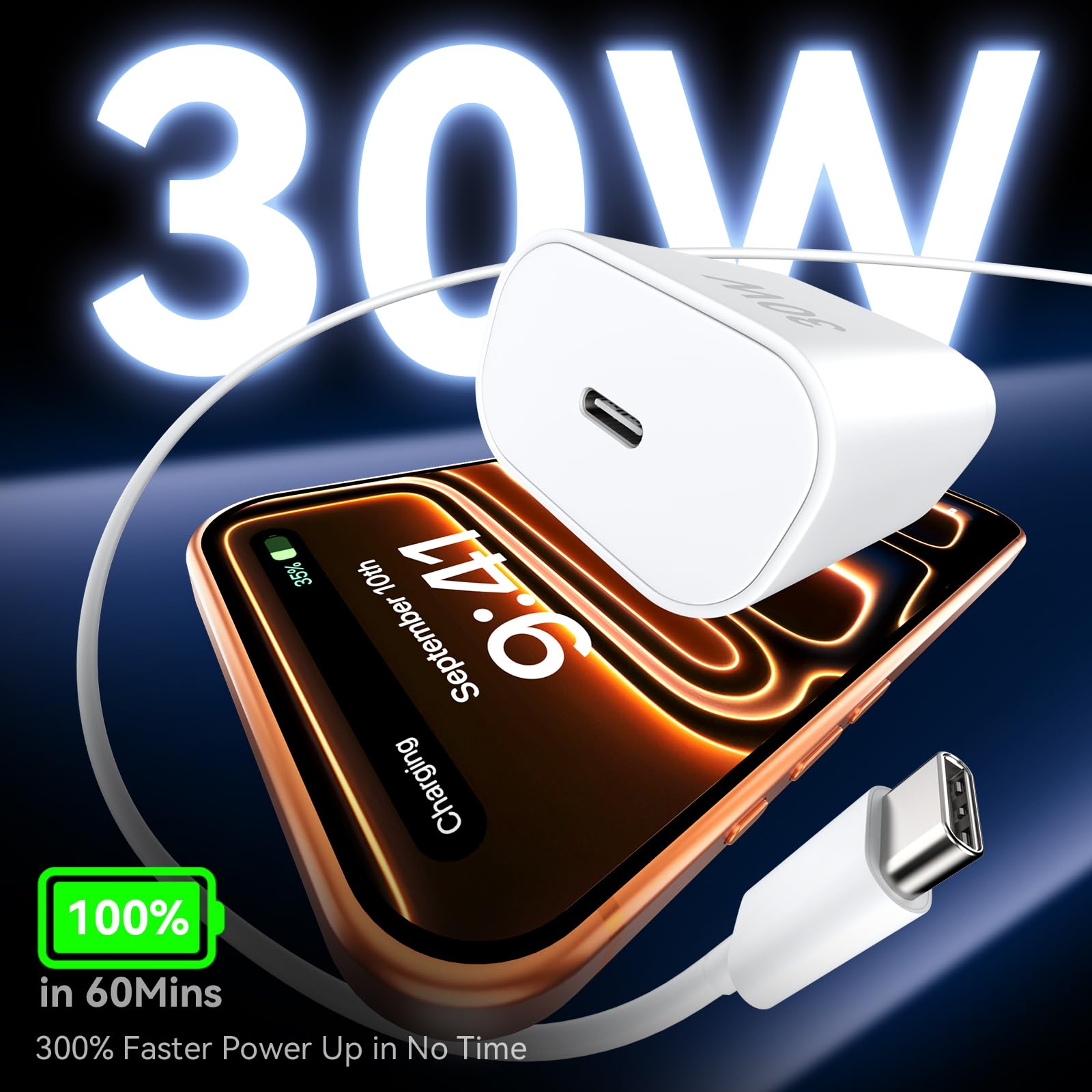 Caricatore USB C per iPhone 16 15 Pro Max, blocco di ricarica rapida, caricatore USB C da 30 W con cavo lungo USB-C da 3 m per iPhone 16 Pro Max/16 Pro/16 Plus/16/15 ProMax/15Pro/15Plus/15 GalaxyS24