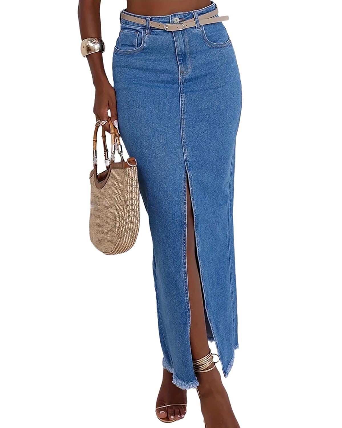 Womens Casual High Waisted Denim Skirt Front Slit Frayed Raw Hem Bodycon Maxi Jean Skirts