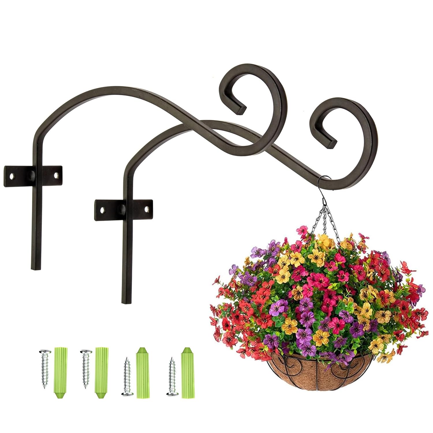 2 x Black Hanging Basket Bracket - Fittings Included – Heavy Duty Hanging Basket Brackets Outdoor - Hanging Hooks - Elegant Design to Display Your Outdoor Flower Baskets and Bird Feeders