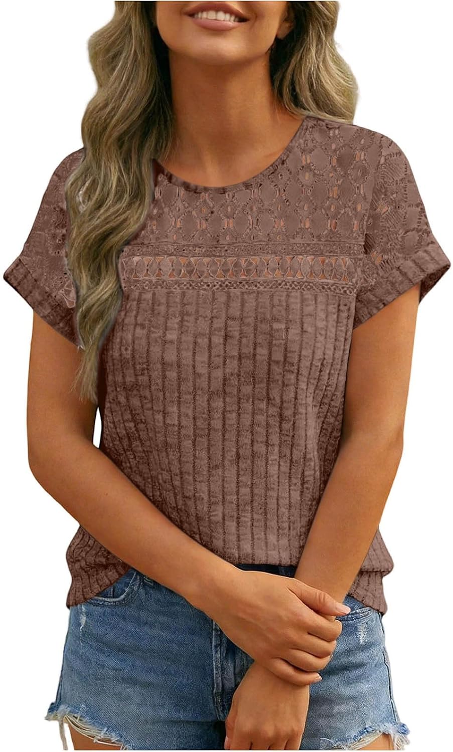 Womens Summer Shirts Lace Eyelet Short Sleeve Crewneck Ribbed Knit Tops Button Tunic Solid Color Trendy Tee
