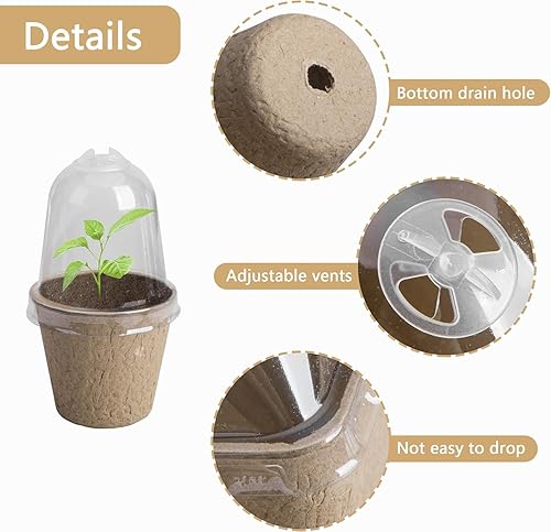 Vista 15 de EBaokuup 40 macetas biodegradables para siembra, macetas de vivero de plantas de 3.1 pulgadas con cúpula de humedad, macetas de turba para plantas