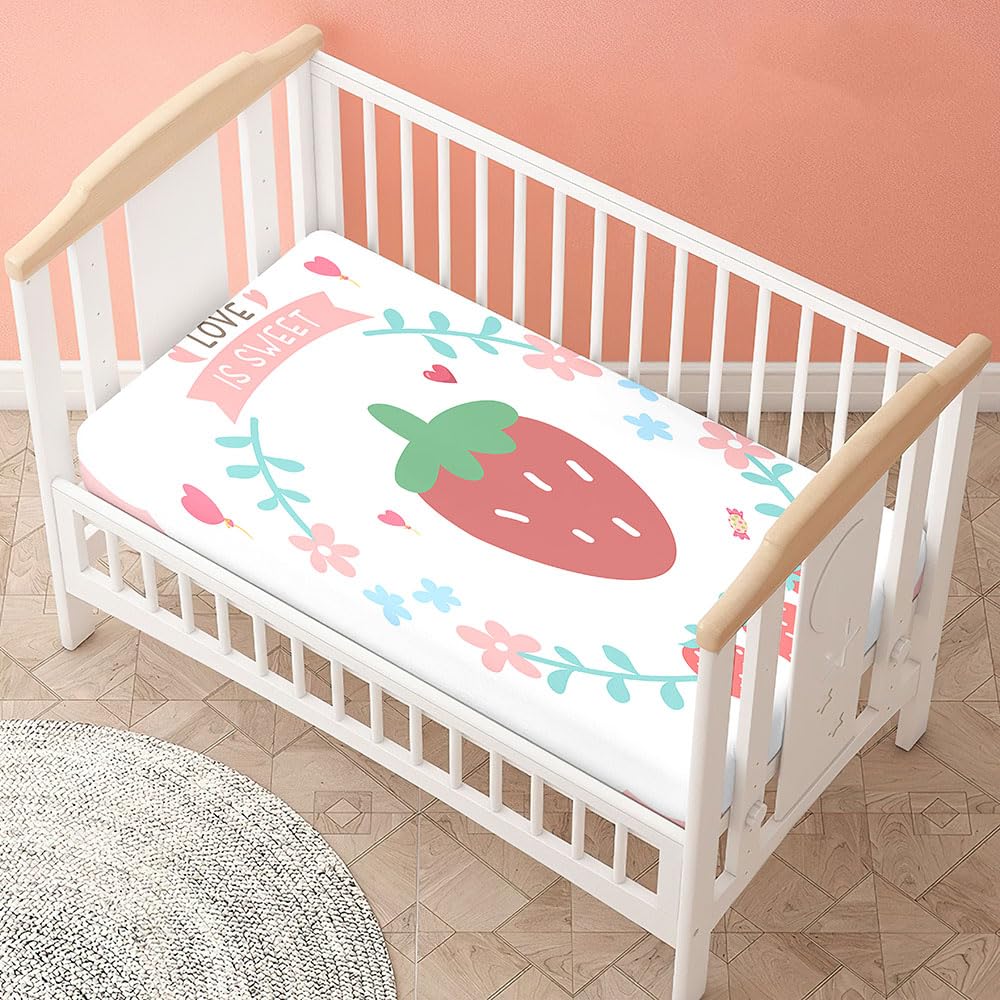 Morbuy Cot Bed Sheets, Crib Sheets for Boy and Girl, Baby Bed Fitted Sheets Soft Breathable Polyester Crib Sheets for Baby, Cot Sheets - Cosy Durable and Easy Care (140x70cm,Strawberry White)