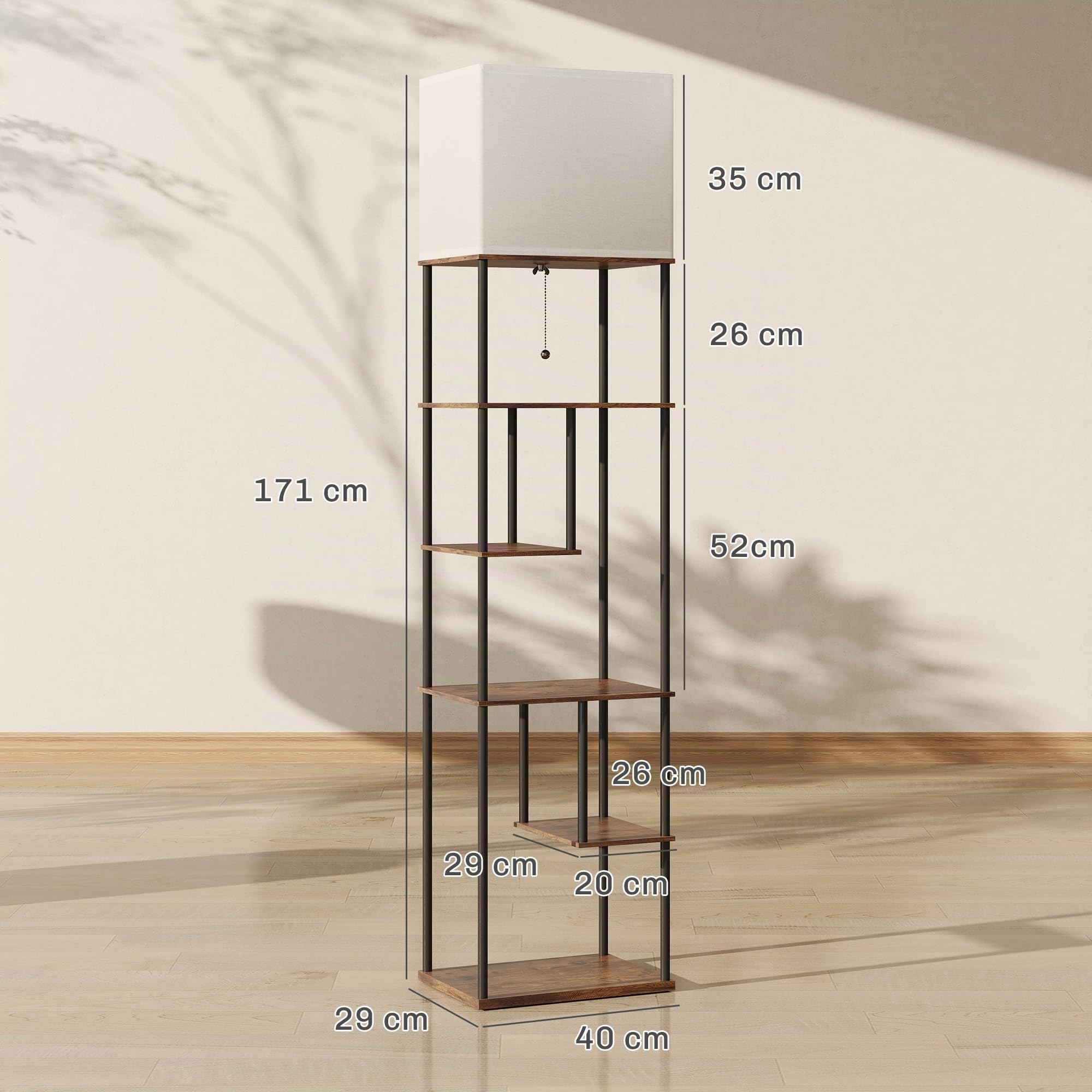 HOMCOM Lampadaire avec étagères LED Dimmable 3000K-6500K Brun Rustique