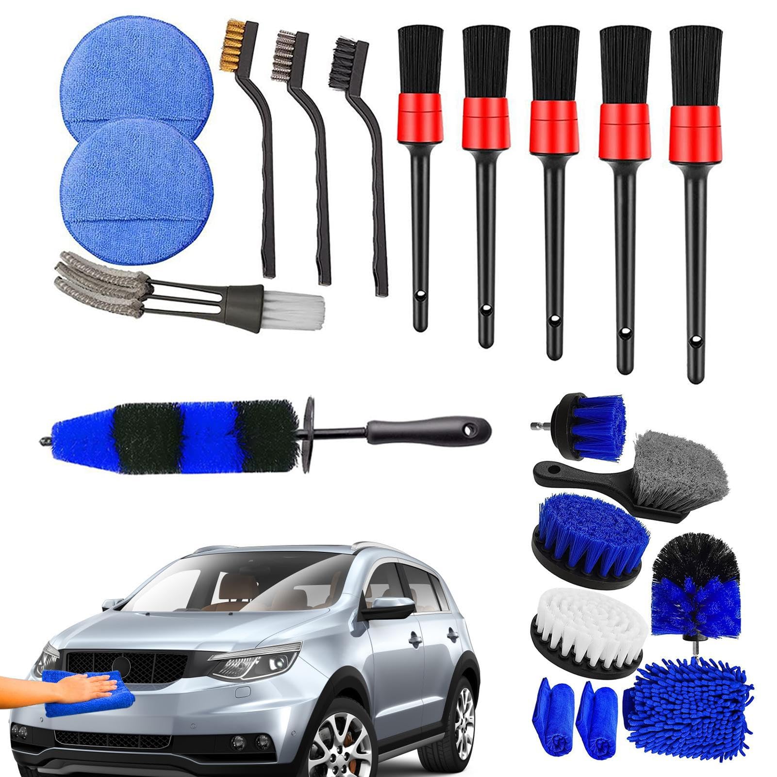 Bürstenset für Auto-Details, Reinigungsset für Autowäsche | Außenbereich, 20 Stück, Reinigungsbürste für Felgen, Mikrofaser-Handtuch – professionelles Set für den
