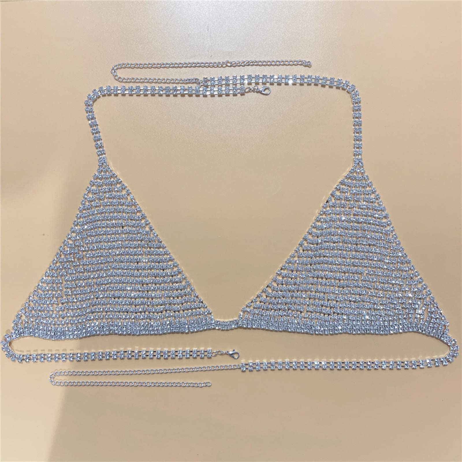 RWRAPS Donne Sexy Strass Corpo Catena Reggiseno Intrecciato Catena Lucido Cristallo Bikini Reggiseno Partito Discoteca Biancheria Intima Accessori Gioielli (Argento Placcato)