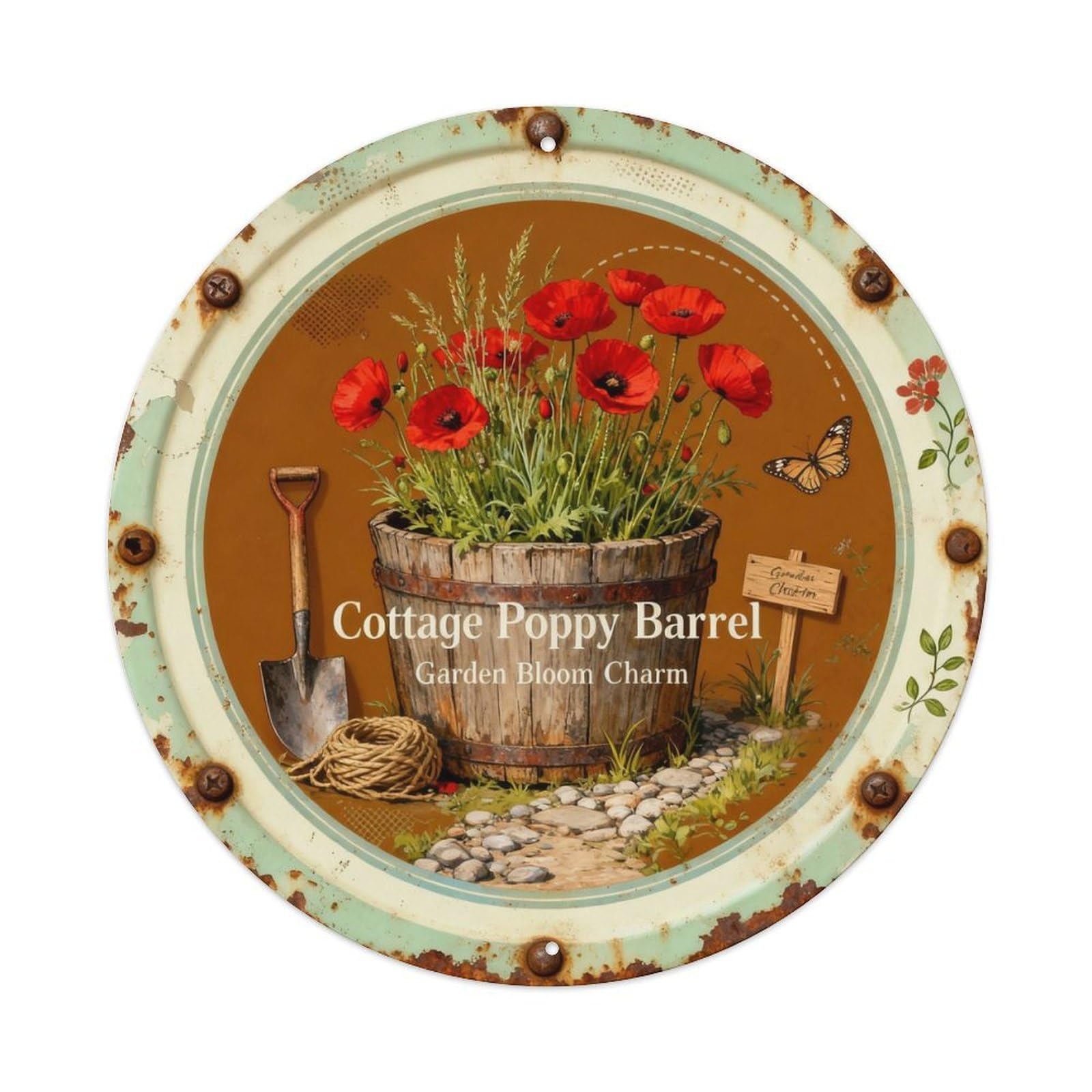 Cottage Poppy Barrel Metal Tin Sign Plaque