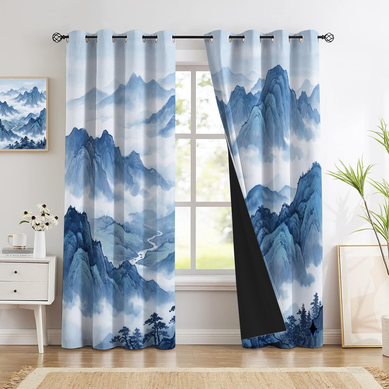 Rideau oeillets opaque décoration intérieurs style encre | Paire thermique 183H cm
