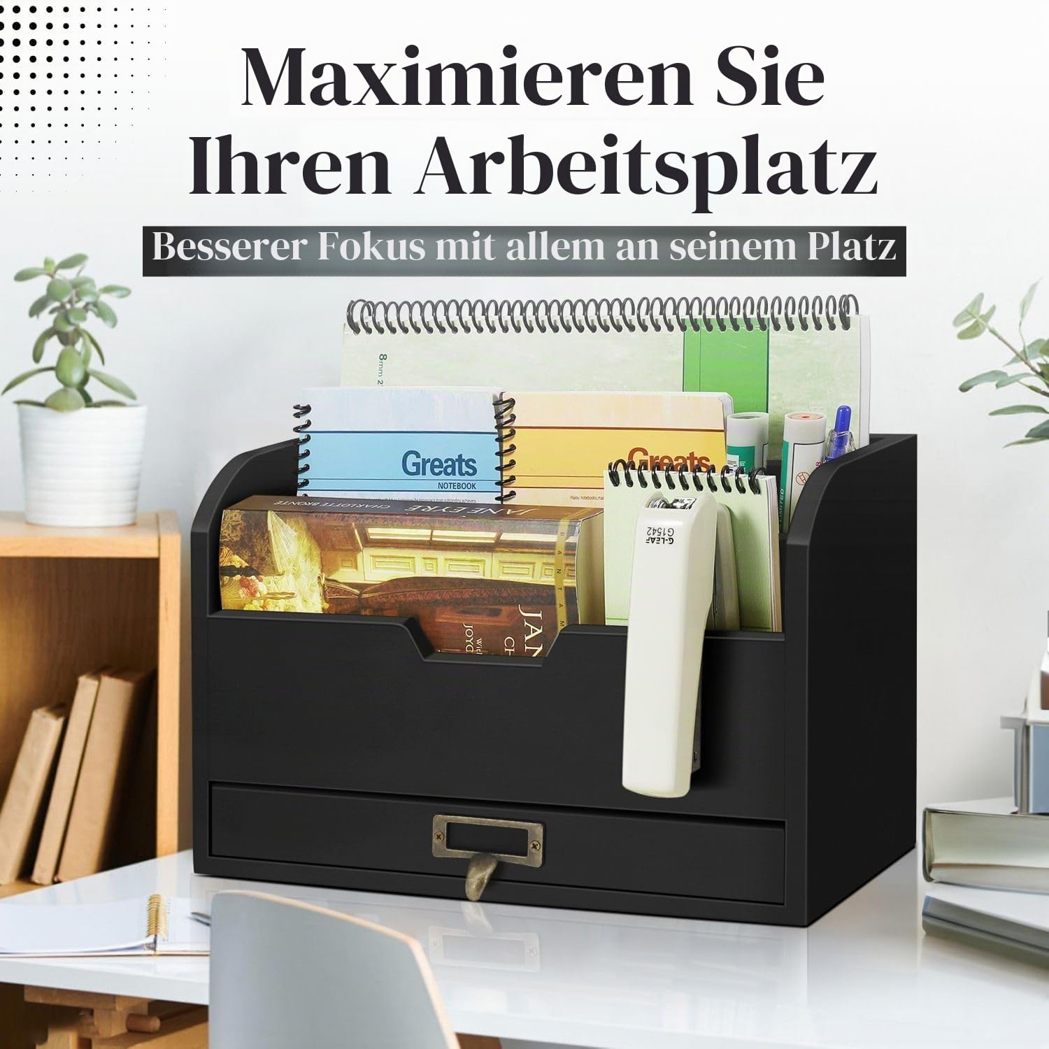 Flexzion Schreibtisch Organizer aus Holz, Rustikaler Regalhalter mit 3 Schubladen & Fächern, Tisch Desk Organizer, Büro Schreibtisch Zubehör, für Buch Stifte Hefter Ordner Klammer Haftnotiz, Hellbraun | Rechnungs- und Aktenordner mit 3 Fächern, einer Schu