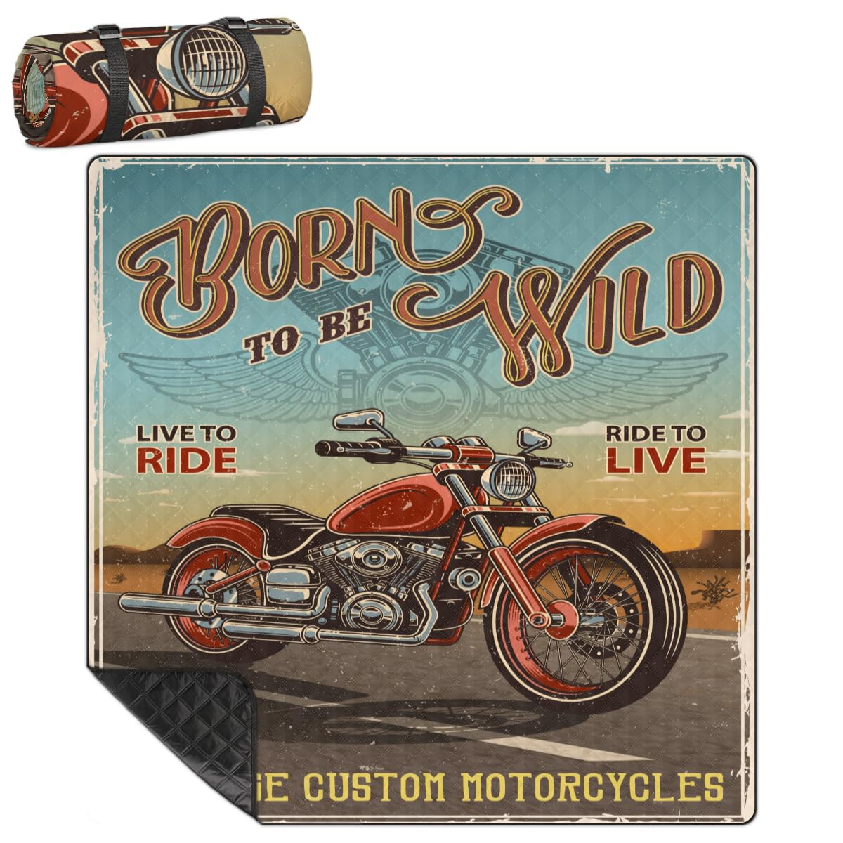 Shimoshe Extra Large Picnic Blankets 79”x 79”, Vintage Motorcycle Waterproof Foldable Picnic Mat with Straps Portable Beach Blanket for Camping Park Grass Beach Indoor