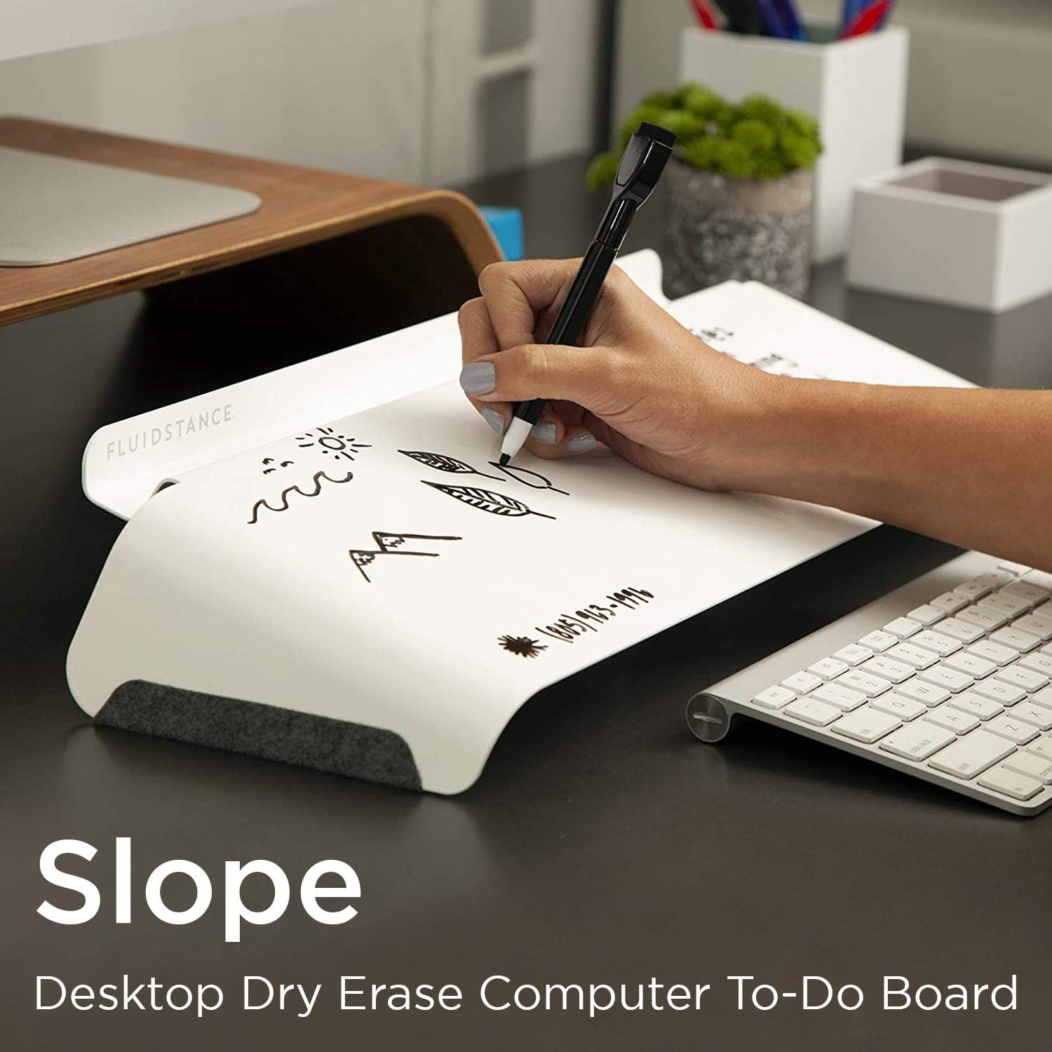 FluidStance Slope Desktop Dry Erase Computer to-Do Board, Dry Erase Surface, Solid Steel with White Surface (White, Medium)