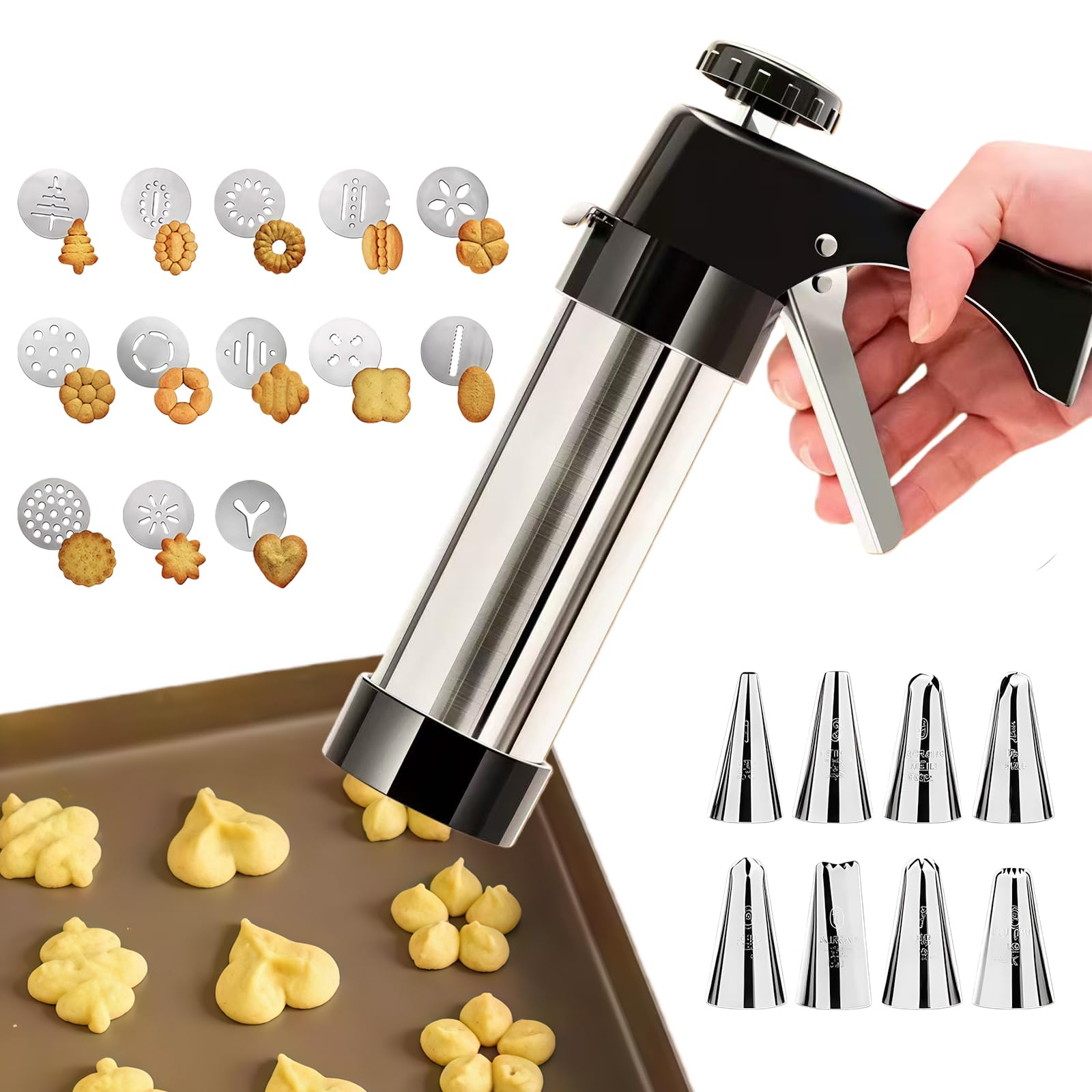 Doyime クッキープレス クッキーガン【絞り口金8個とクッキーディスク13個付き 】クリーム絞り器 ステンレス製 耐熱 耐久性 使用簡単 再利用可能 多機能 DIY 手作り クッキー用 ケーキデコレーション お菓子 家庭 業務用 ベーキングツール（22点セット）