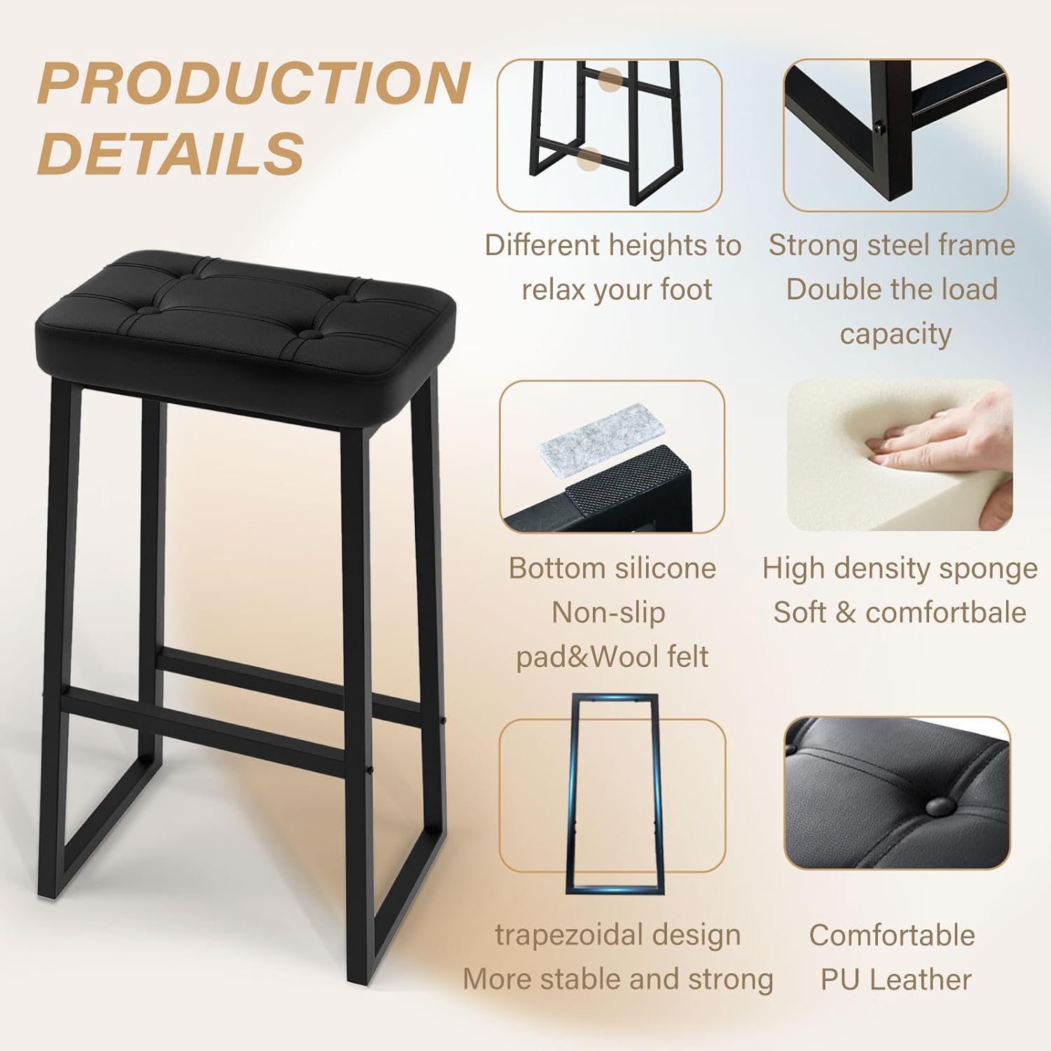 Bar Stool，30 Inch Counter Height Bar Stools，Modern Leather Barstools with Metal Leg，Counter Seat with Footrests, Bar Chairs for Kitchen Island/Dining Room in Black