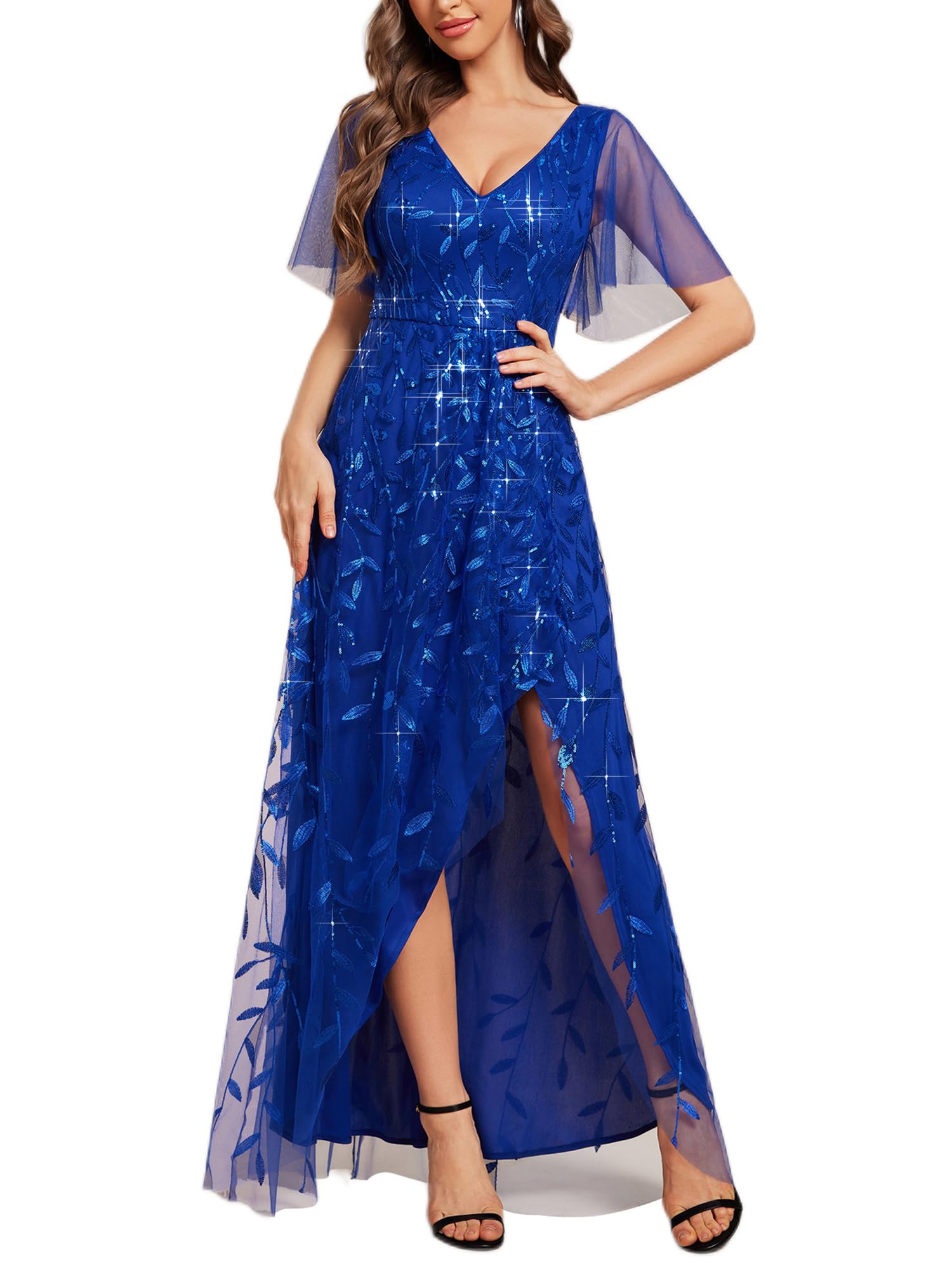 Ever-Pretty Women's Shimmery Formal Dress V Neck Sequins A-Line Side Slit Elegant Long Evening Dresses 02083