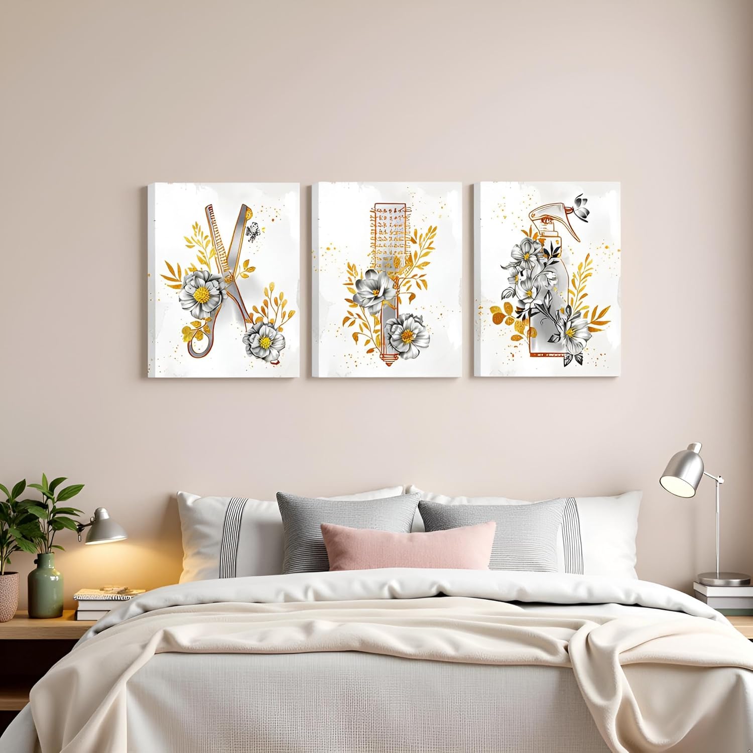 RyounoArt Hair Salon Canvas Wall Art Barber Set Picture Painting Gold Prints for Hair Salon Barbershop Wall Decor Ready to Hang (Gold)