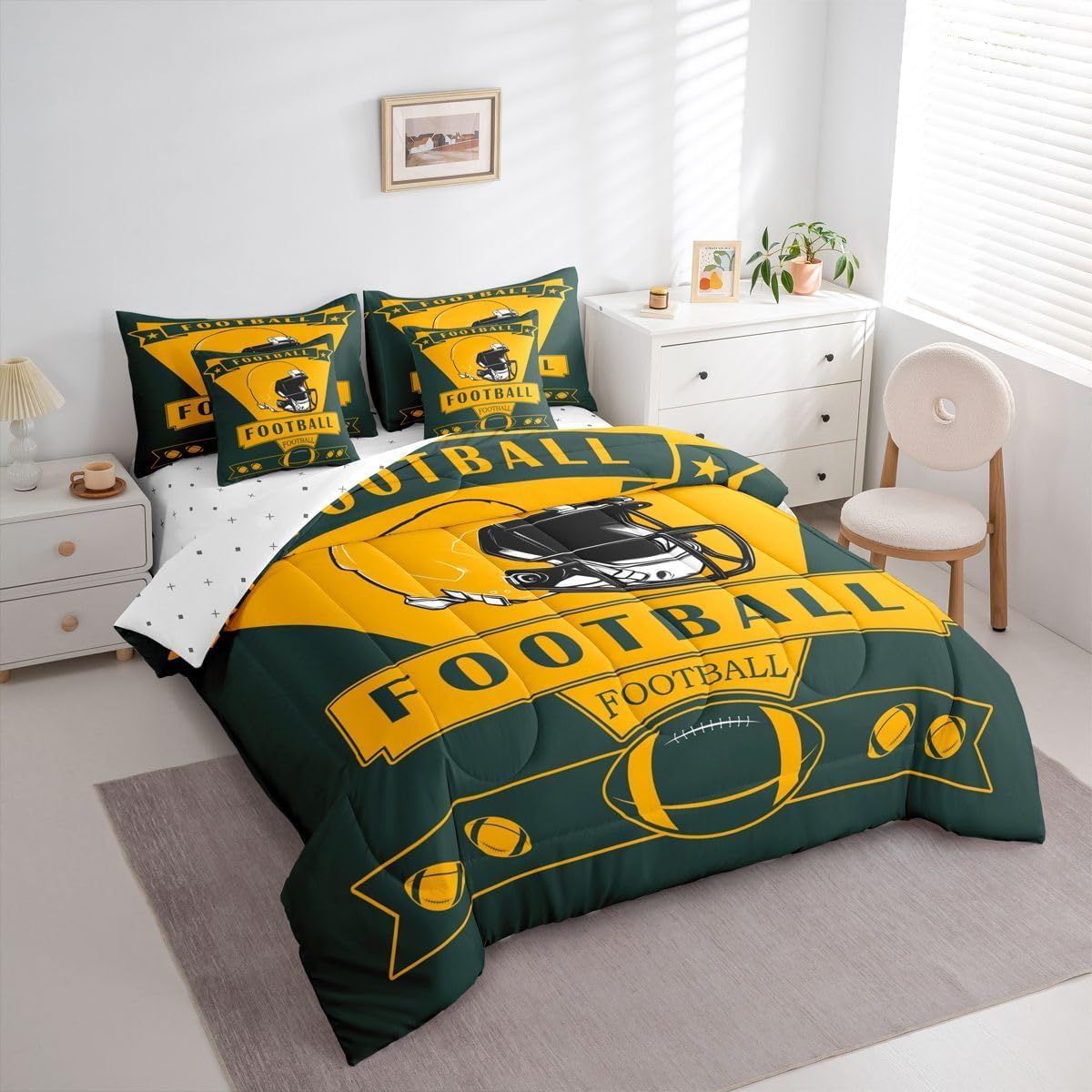 Loussiesd Calcio Piumino Letto Con Lenzuola 7 Pezzi 264X229cm(7-piece Set),green Bay Letto Trapuntato,american Football City Regali Per I Tifosi Di Calcio