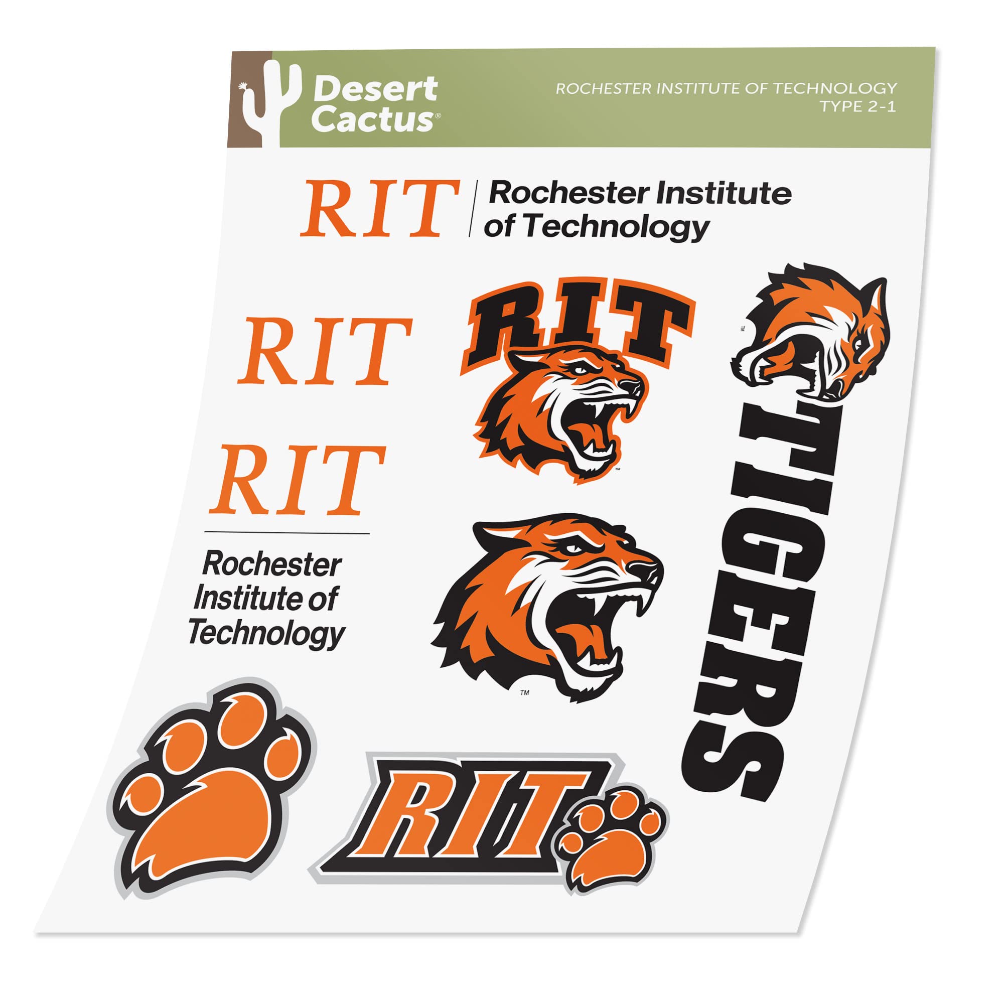 Desert Cactus Rochester Institute of Technology Sticker RIT Tigers Sticker Vinyl Decals Laptop Water Bottle Car Scrapbook Sheet T2 (Type 2)