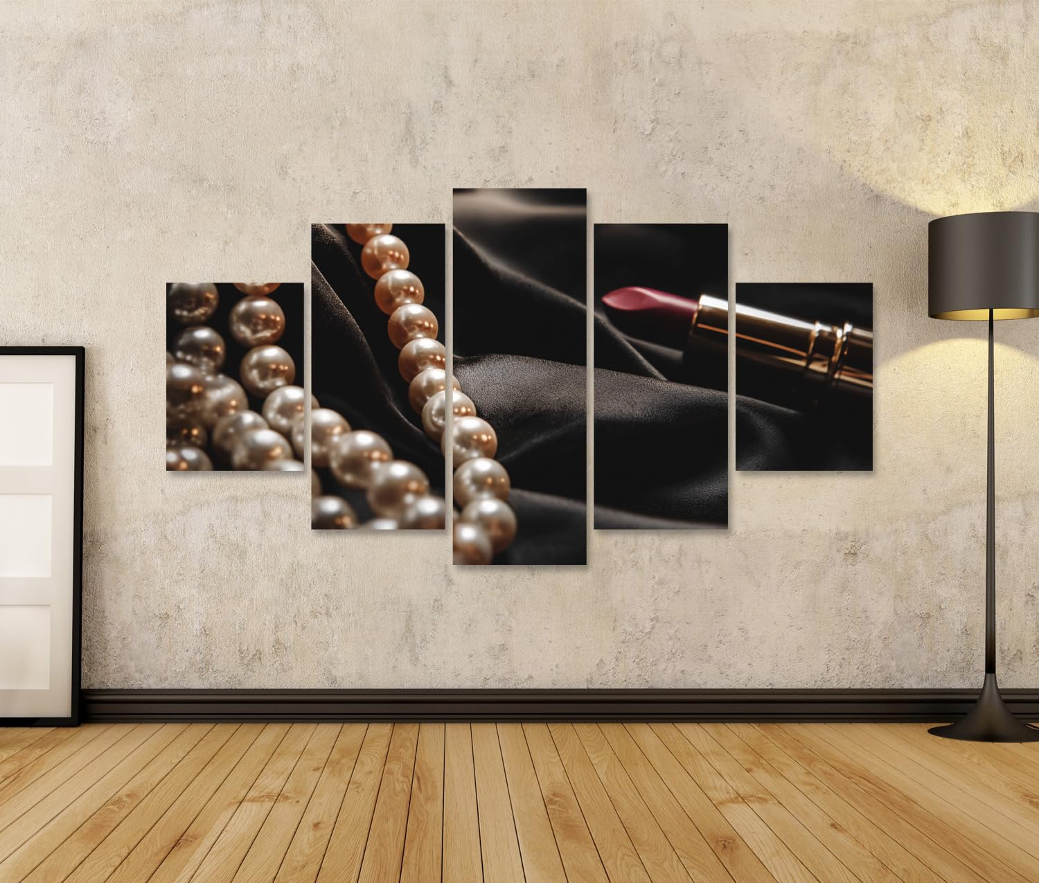 islandburner Bild auf Leinwand Elegante Perlenkette und roter Lippenstift auf schwarzem Satin - 5-teilig