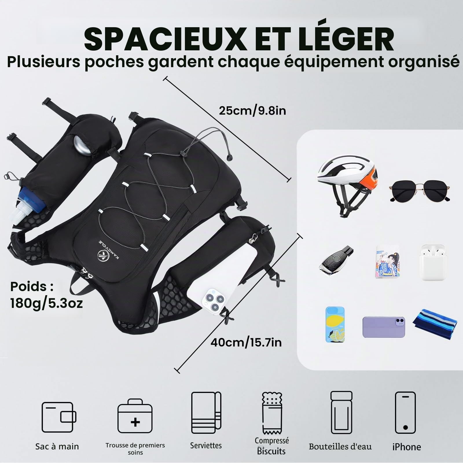 Sac à dos d'hydratation - Gilet de course avec bouteille souple de 500 ml et poche à eau de 2 l - Gilet de course - Ultra léger 180 g et respirant - Sac à dos de course pour homme et femme