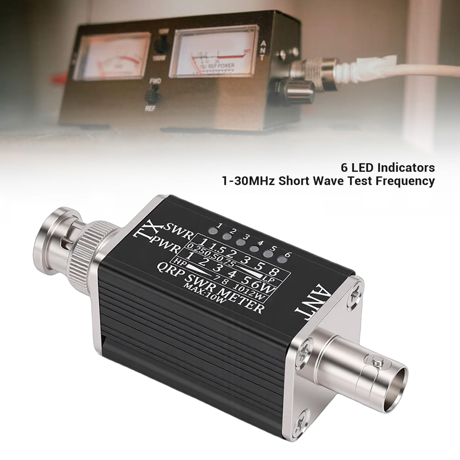 Miernik SWR z 6 Wskaźnikami LED, 1-30 MHz dla Radia Krótkofalowego | Obudowa ze Stopu Aluminium, Interfejs BNC, Zasilanie RF, Zakres 0,25 W–12 W, Przenośne Zastosowanie W Terenie, Nie Jest