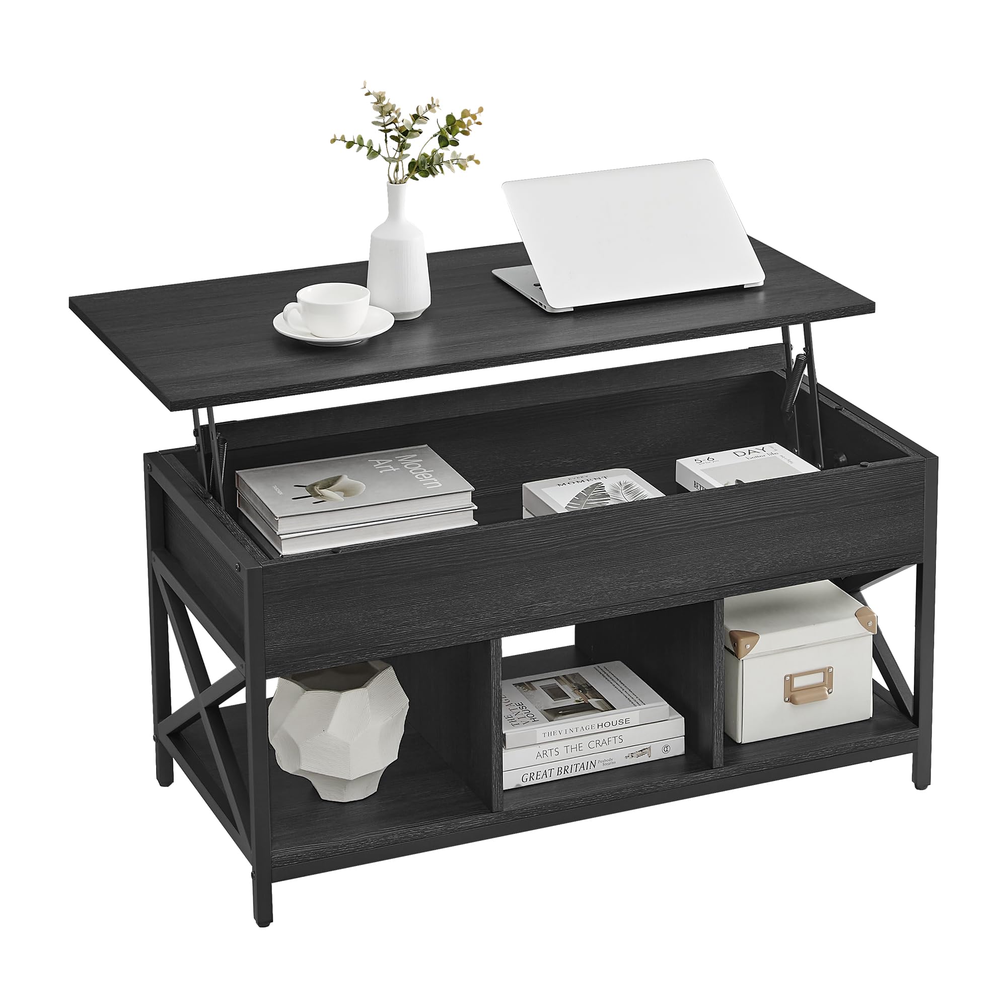 VASAGLE Lift Top Coffee Table for Living Room, Industrial Coffee Table with Hidden Compartments and Storage Shelf, Steel Frame, 50 x 100 x 49-62 cm, Charcoal Gray and Ink Black ULCT202B22