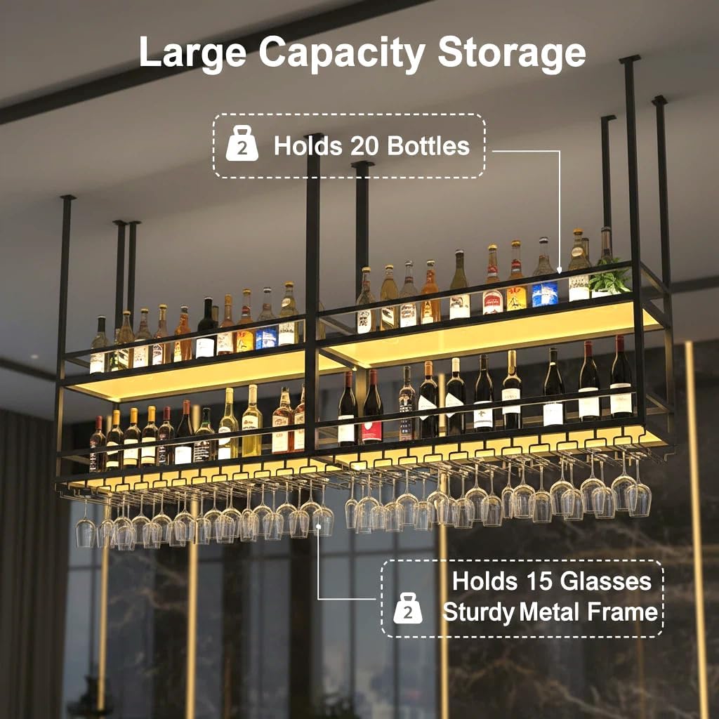 31.4IN Ceiling Wine Glass Rack, Hanging Wine Rack with Acrylic Transparent Shelves and LED Lights, Modern Multi Use Hanging Liquor Display Shelf for Bar, Kitchen Decoration (31.4in/80cm)