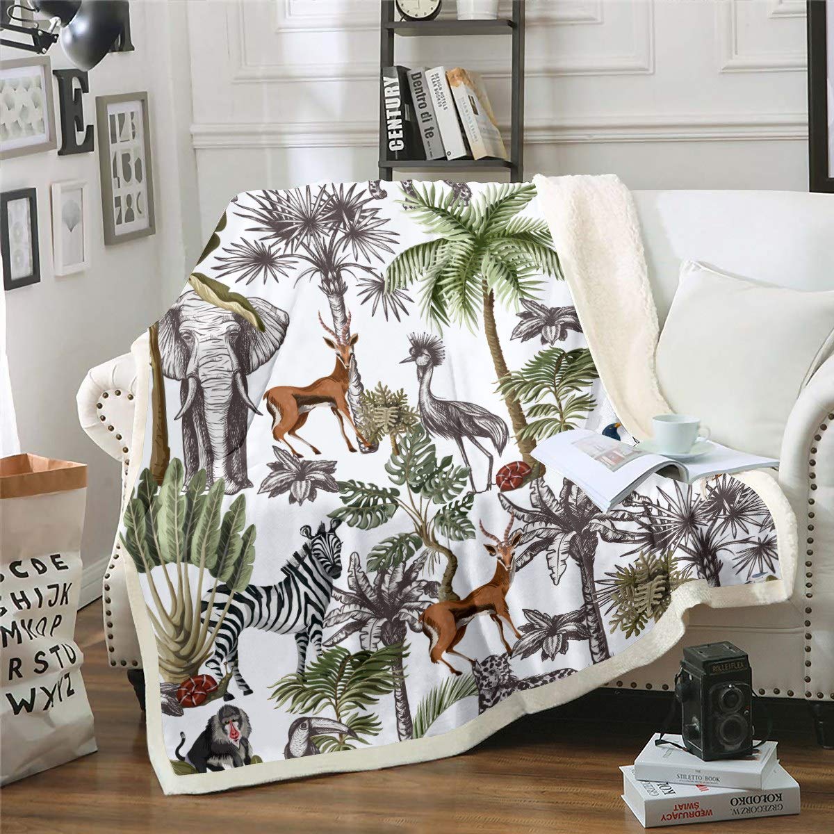 Loussiesd Multicolored 9 Leopard Zebra Elephant Fleece Throw Blanket For Sofa Couch Bed - Palm Tree Print Sherpa Plush Fuzzy Tropical Nature Theme Room Decor - Single 50"X60"