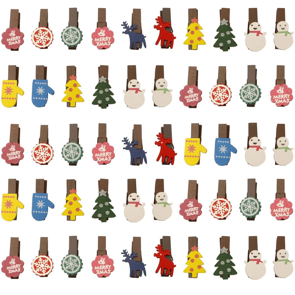 Wepetyo 50 Pcs Mini Christmas Clothes Pins,Wooden Snowflake Clothespin,Christmas Clothes pins,Colorful Glove/Christmas Tree/Elk/Snowman for Christmas Tree Hanging Pictures(Random Style)