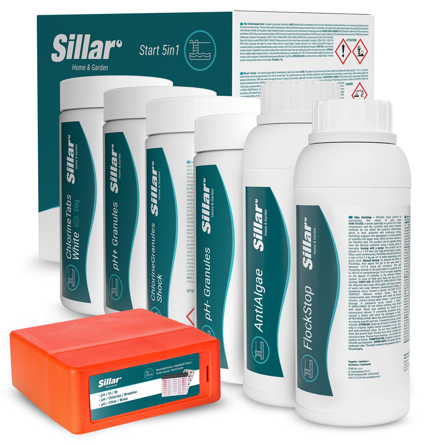 Sillar Pool Starter 7 in 1 Pool-Reinigungsset I Pool Zubehör I Pooltester pH/Cl-Messgerät, pH-Senker, Chlorgranulat, Klärmittel, Mittel gegen Algen, schrittweise Freisetzung von Chlor in Tabletten