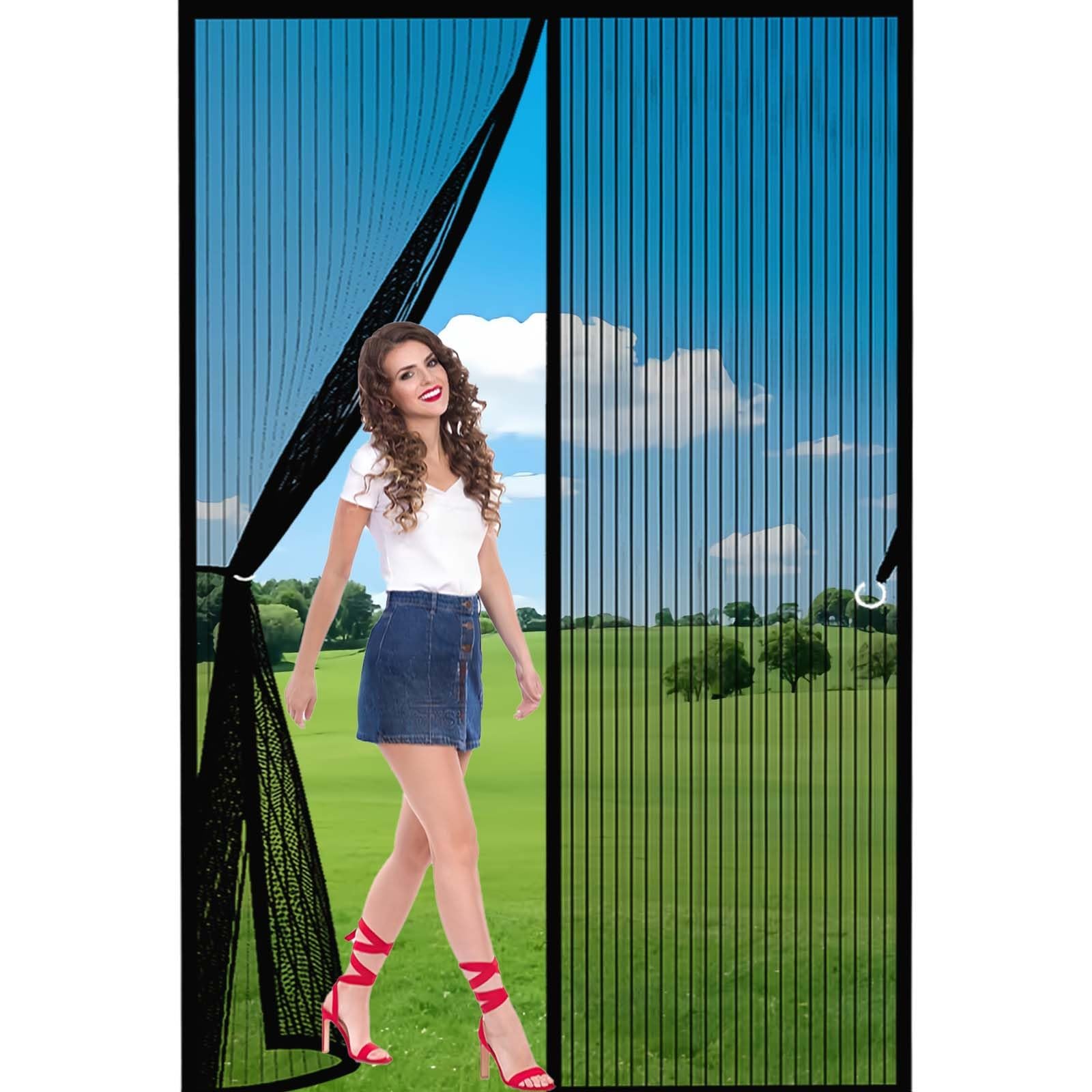 Magnetic Door Screen 160x225cm(WidthxHigh) Powerful Magnets and Full Frame Magic Tape, No Drill Installation Heavy Duty Fly Curtains for Doors Lets Fresh Air in, Hundreds of Sizes, Black