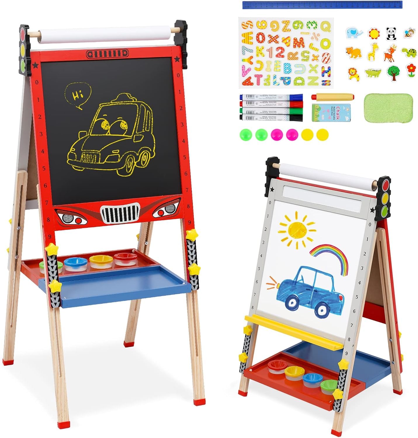Caballete de madera plegable para niños 3 en 1 con rollo de papel, altura ajustable para niños, fácil con rollo de papel, pizarra blanca y tabla de calcio